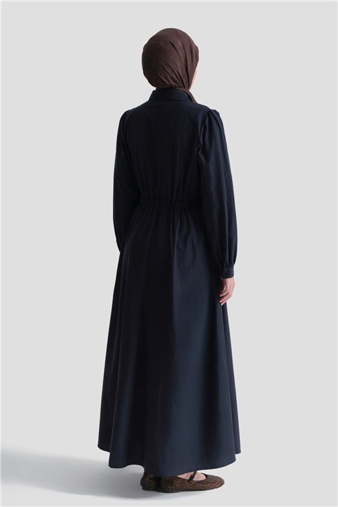 Beli Lastikli Poplin Elbise Lacivert