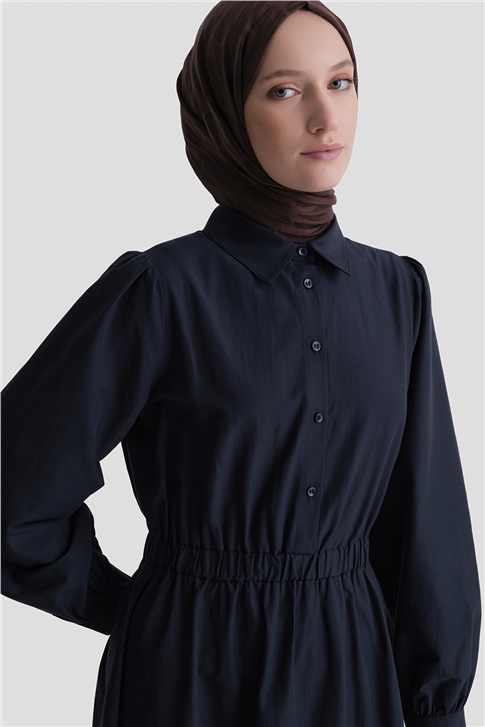 Beli Lastikli Poplin Elbise Lacivert