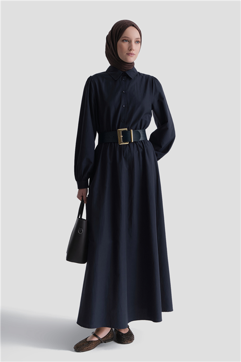 Beli Lastikli Poplin Elbise Lacivert