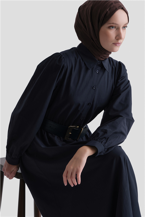 Beli Lastikli Poplin Elbise Lacivert