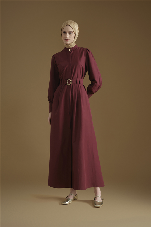 Gold Düğmeli Kemerli Poplin Elbise Bordo