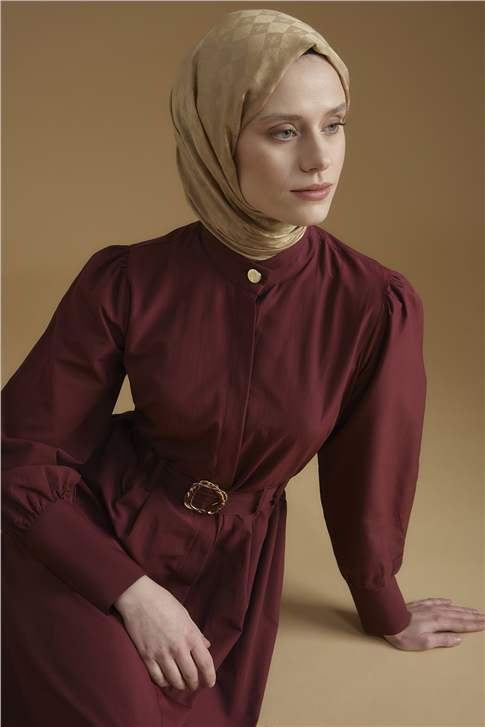 Gold Düğmeli Kemerli Poplin Elbise Bordo