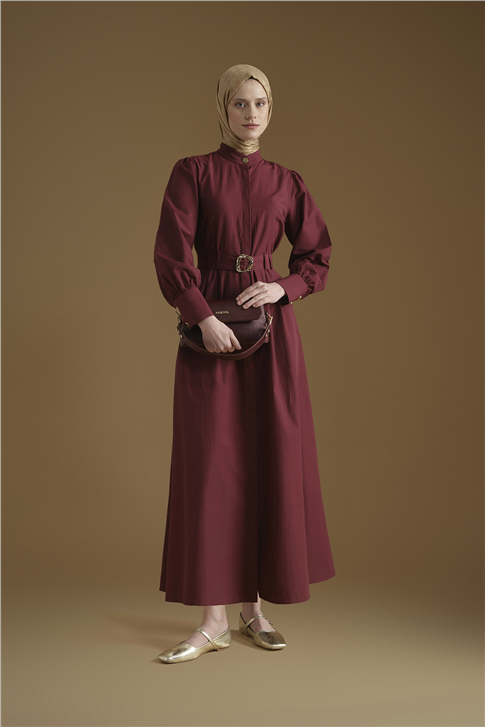 Gold Düğmeli Kemerli Poplin Elbise Bordo