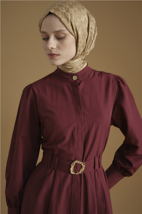 Gold Düğmeli Kemerli Poplin Elbise Bordo