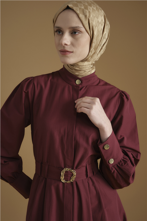 Gold Düğmeli Kemerli Poplin Elbise Bordo
