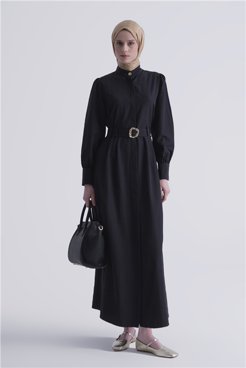 Gold Düğmeli Kemerli Poplin Elbise Siyah