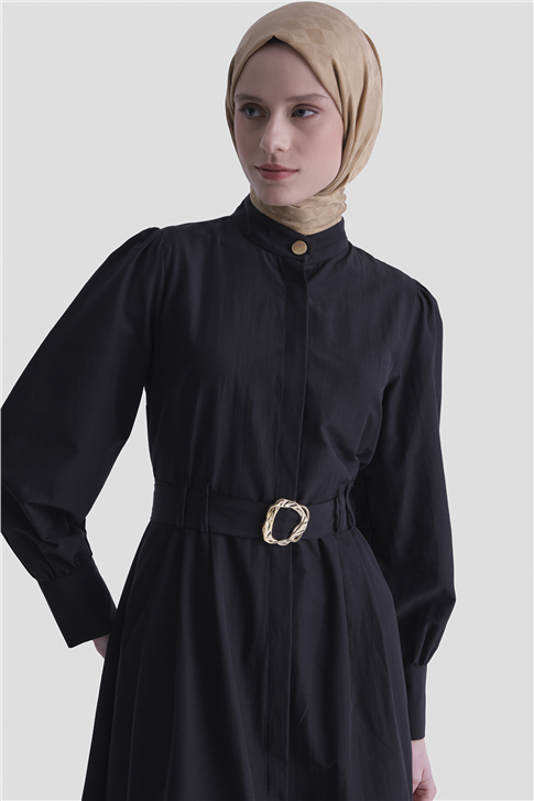 Gold Düğmeli Kemerli Poplin Elbise Siyah