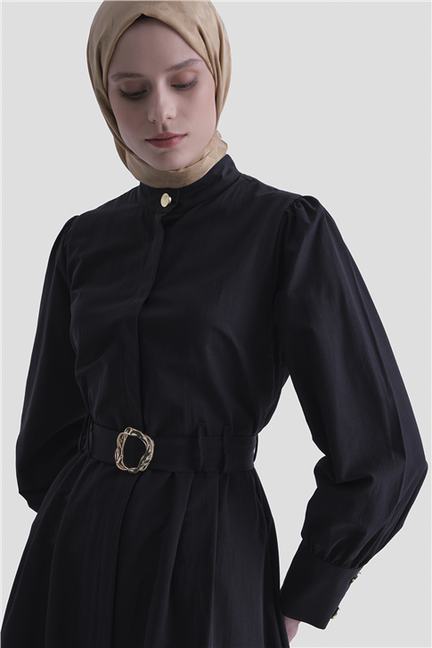 Gold Düğmeli Kemerli Poplin Elbise Siyah
