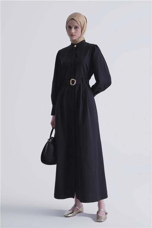 Gold Düğmeli Kemerli Poplin Elbise Siyah