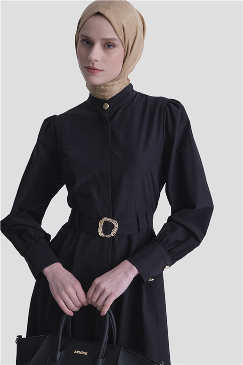 Gold Düğmeli Kemerli Poplin Elbise Siyah