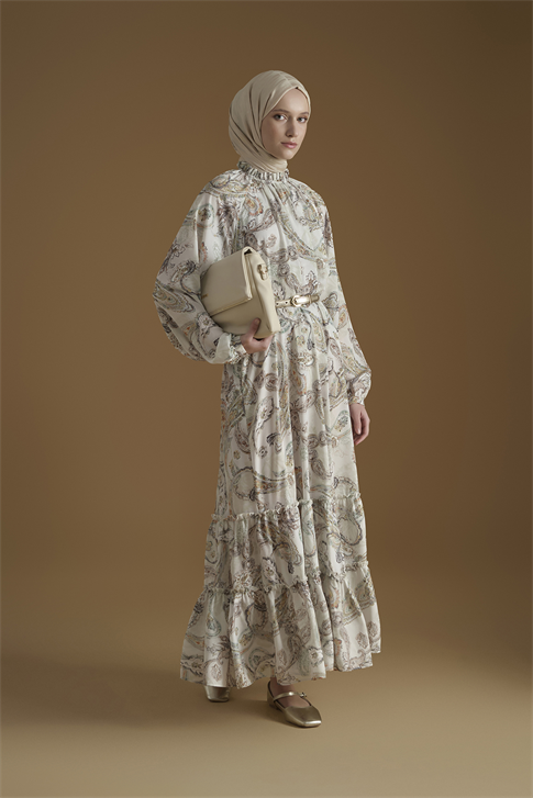 Şal Desenli Elbise Beyaz