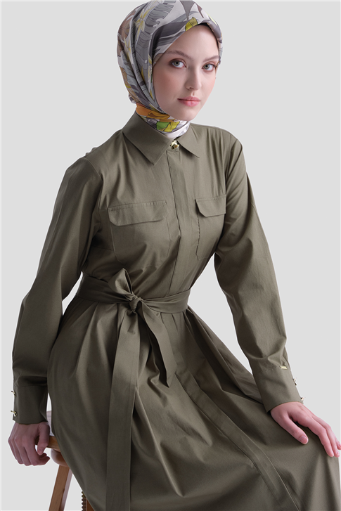 Cep Detaylı Poplin Elbise Haki