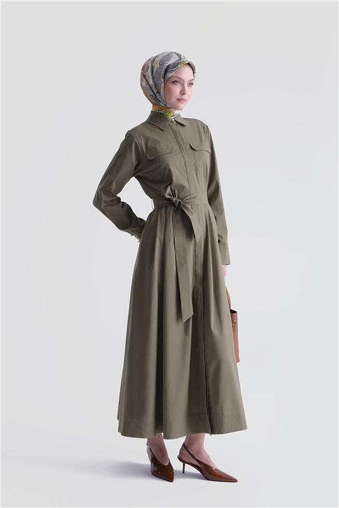 Cep Detaylı Poplin Elbise Haki