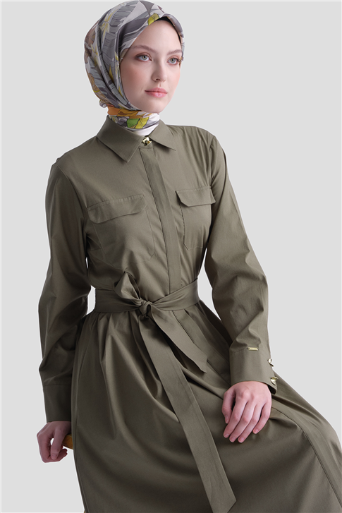 Cep Detaylı Poplin Elbise Haki
