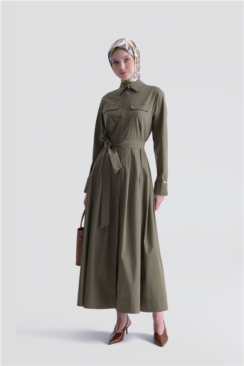 Cep Detaylı Poplin Elbise Haki