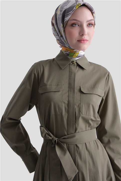 Cep Detaylı Poplin Elbise Haki