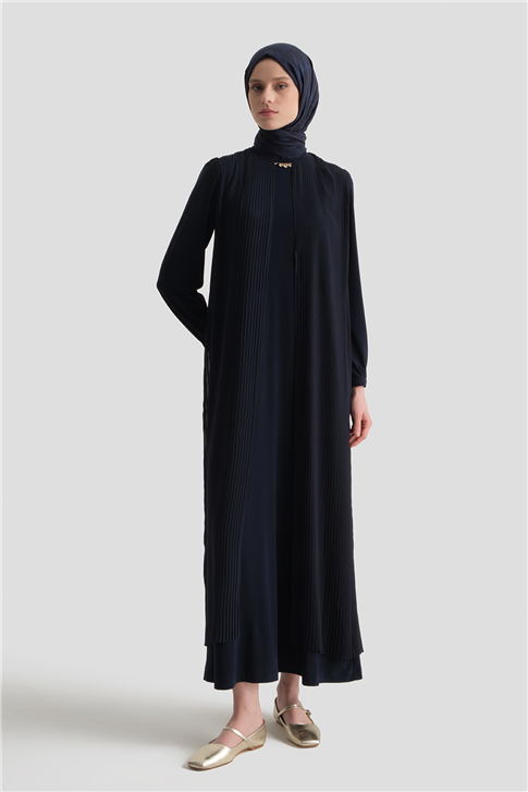 Pliseli Şık Elbise Lacivert