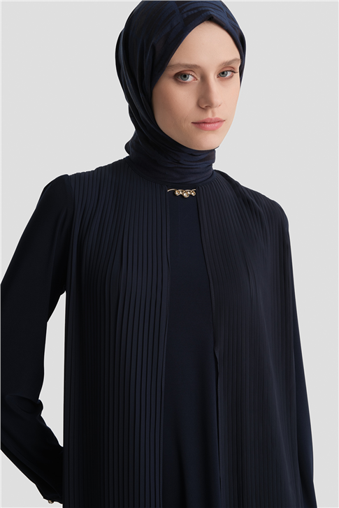 Pliseli Şık Elbise Lacivert