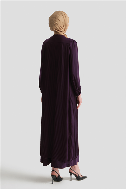 Pliseli Şık Elbise Mürdüm