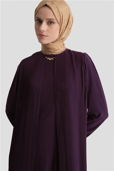 Pliseli Şık Elbise Mürdüm