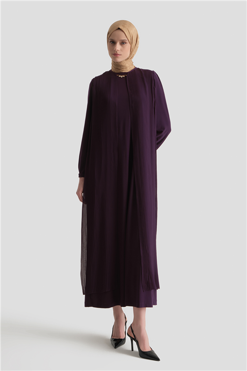 Pliseli Şık Elbise Mürdüm