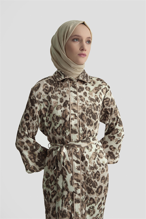 Leopar Desenli Elbise Camel