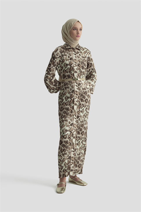 Leopar Desenli Elbise Camel