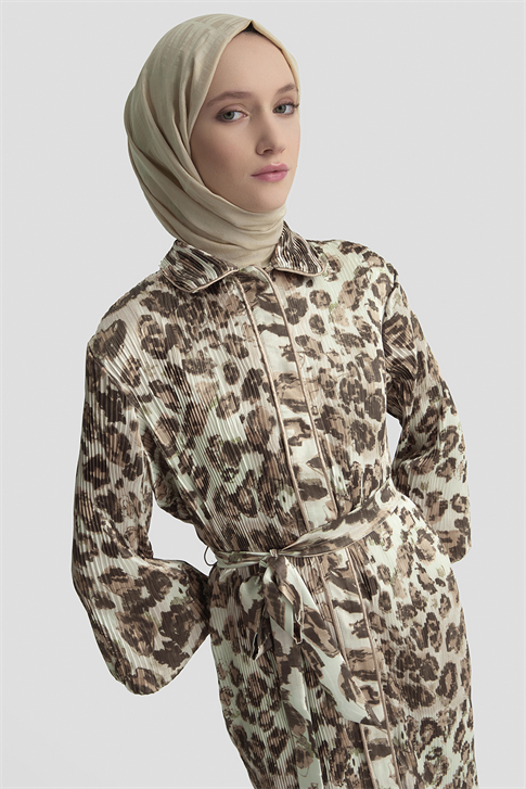 Leopar Desenli Elbise Camel
