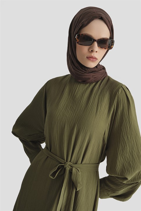 Balon Kollu Elbise Haki