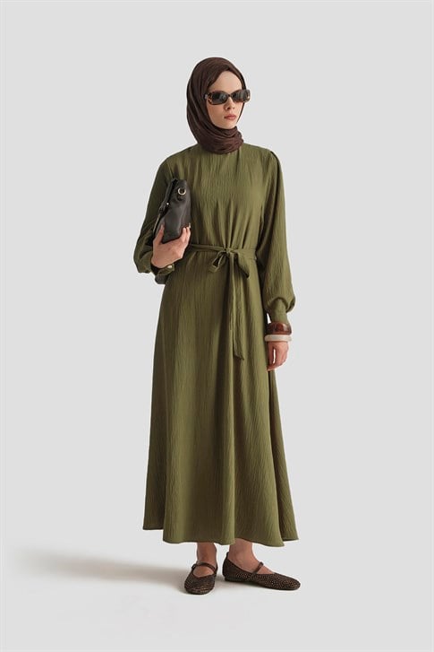 Balon Kollu Elbise Haki