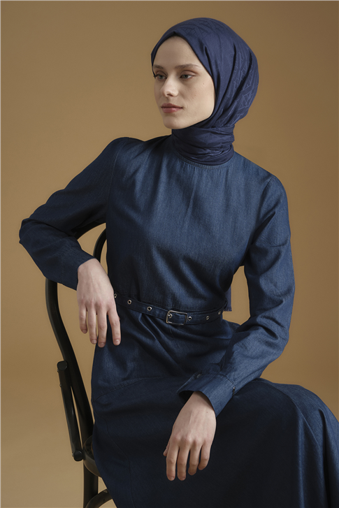 Kemer Detaylı Denim Elbise Lacivert