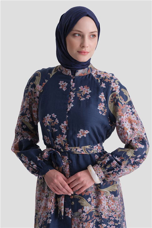 Çiçek Desenli Elbise Lacivert