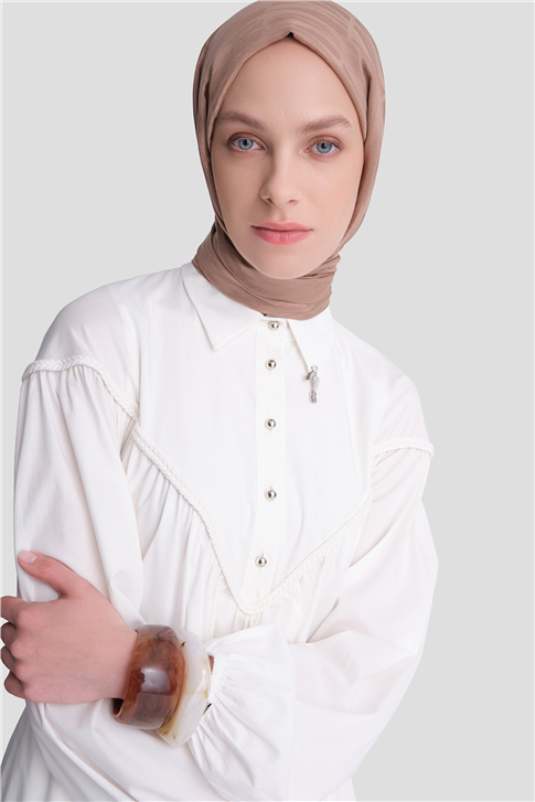 Oversize Katlı Poplin Elbise Ekru