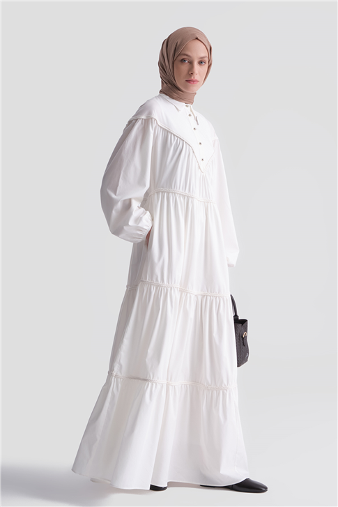 Oversize Katlı Poplin Elbise Ekru