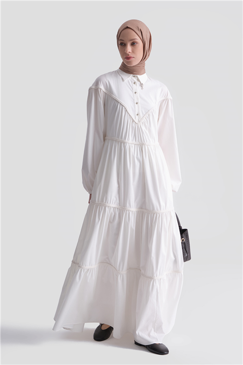 Oversize Katlı Poplin Elbise Ekru