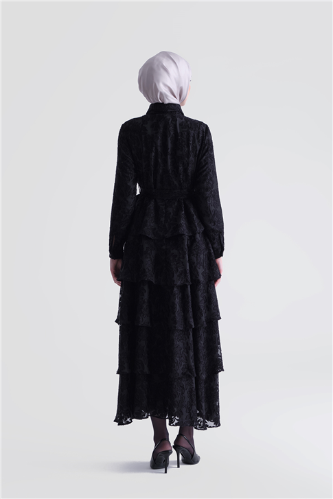 Dantelli Fırfırlı Şık Elbise Siyah