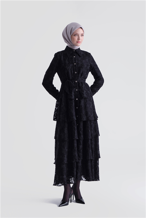 Dantelli Fırfırlı Şık Elbise Siyah