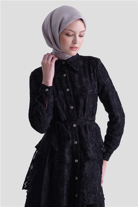 Dantelli Fırfırlı Şık Elbise Siyah