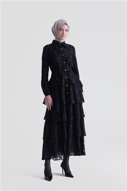 Dantelli Fırfırlı Şık Elbise Siyah