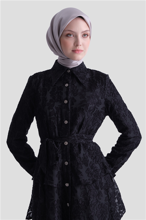 Dantelli Fırfırlı Şık Elbise Siyah