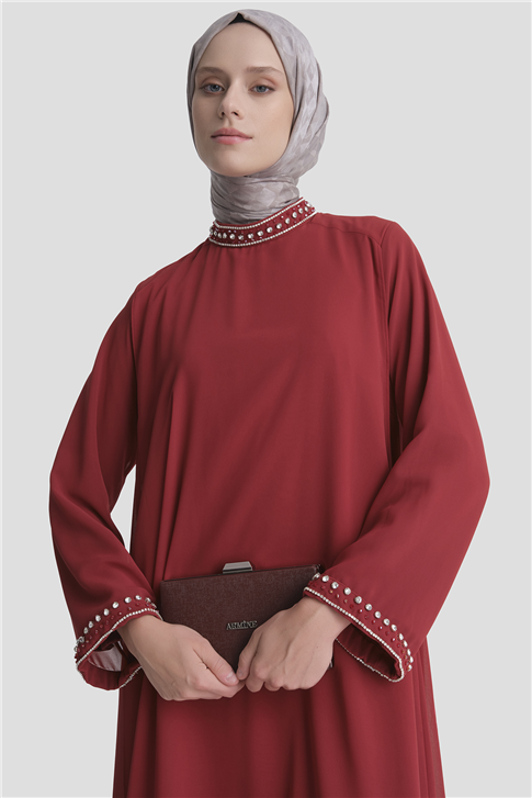 Taş Detaylı Şık Elbise Bordo 