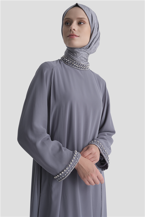 Taş Detaylı Şık Elbise Gri 
