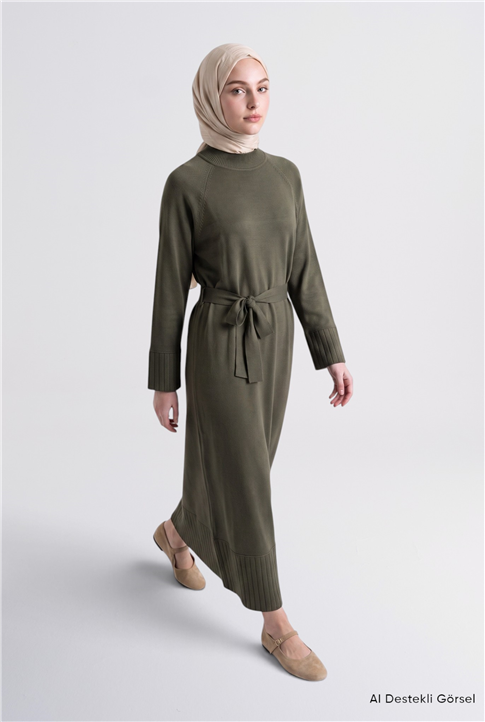 Basic Triko Elbise Haki 