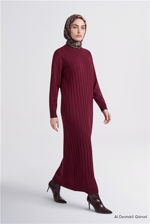 Regular Fit Triko Elbise Bordo 