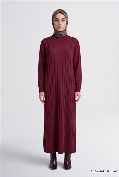 Regular Fit Triko Elbise Bordo 