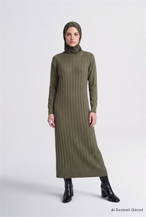 Regular Fit Triko Elbise Haki 