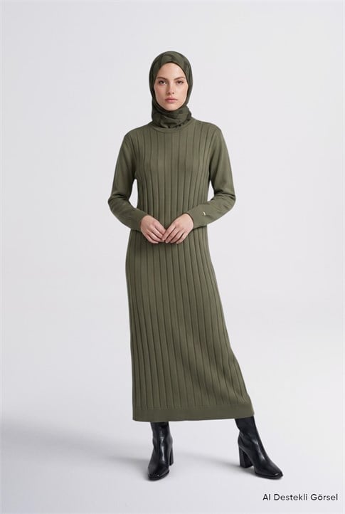 Regular Fit Triko Elbise Haki 