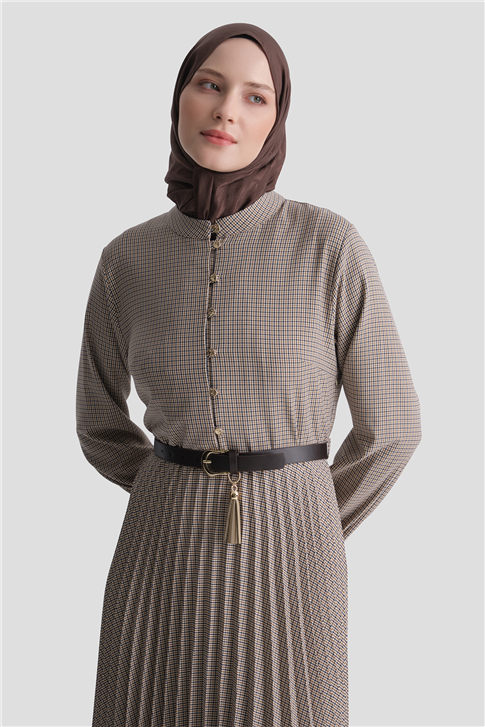 Ekose Desenli Kemerli Elbise Camel 