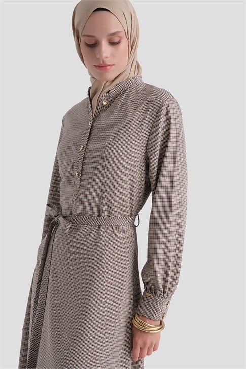 Ekose Desenli Elbise Camel