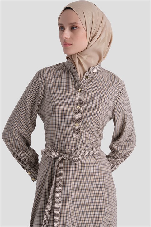 Ekose Desenli Elbise Camel